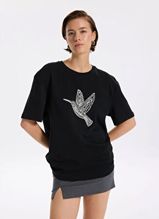 Fabrika Bisiklet Yaka Baskılı Siyah Kadın T-Shirt F5WL-TST0383