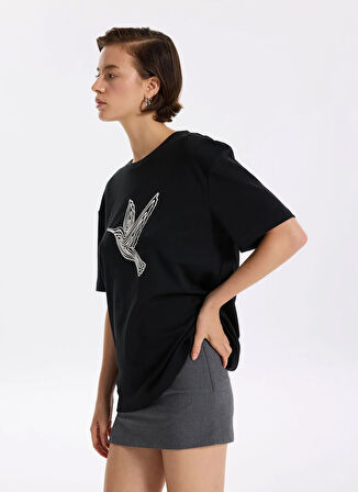 Fabrika Bisiklet Yaka Baskılı Siyah Kadın T-Shirt F5WL-TST0383