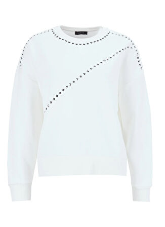 Fabrika Bisiklet Yaka Taşlı Beyaz Kadın Sweatshırt F5WL-SWT0033