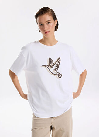 Fabrika Bisiklet Yaka Baskılı Beyaz Kadın T-Shirt F5WL-TST0384