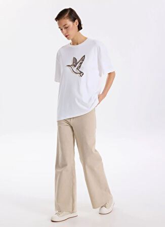 Fabrika Bisiklet Yaka Baskılı Beyaz Kadın T-Shirt F5WL-TST0384