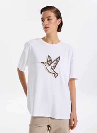 Fabrika Bisiklet Yaka Baskılı Beyaz Kadın T-Shirt F5WL-TST0384