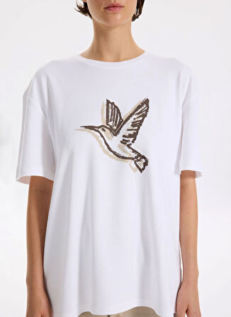 Fabrika Bisiklet Yaka Baskılı Beyaz Kadın T-Shirt F5WL-TST0384