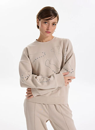 Fabrika Bisiklet Yaka Taşlı Bej Kadın Sweatshırt F5WL-SWT0034