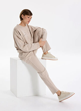 Fabrika Bisiklet Yaka Taşlı Bej Kadın Sweatshırt F5WL-SWT0034