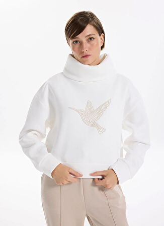 Fabrika Balıkçı Yaka Nakışlı Beyaz Kadın Sweatshırt F5WL-SWT0233