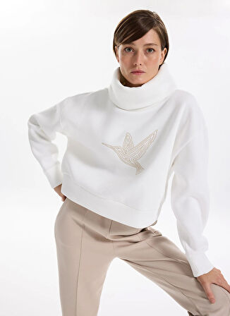 Fabrika Balıkçı Yaka Nakışlı Beyaz Kadın Sweatshırt F5WL-SWT0233