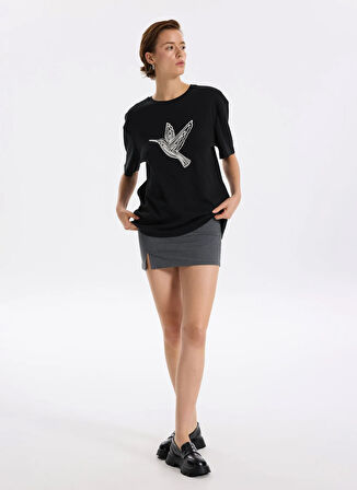 Fabrika Bisiklet Yaka Baskılı Siyah Kadın T-Shirt F5WL-TST0383