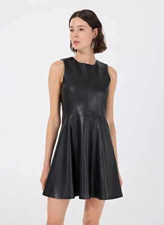 Fabrika Bisiklet Yaka Düz Siyah Mini Kadın Elbise F5WL-ELB0400