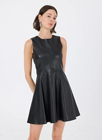 Fabrika Bisiklet Yaka Düz Siyah Mini Kadın Elbise F5WL-ELB0400