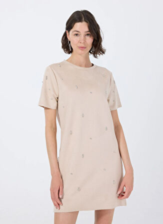 Fabrika Bisiklet Yaka Taşlı Bej Mini Kadın Elbise F5WL-ELB0114