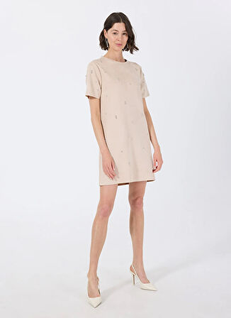 Fabrika Bisiklet Yaka Taşlı Bej Mini Kadın Elbise F5WL-ELB0114