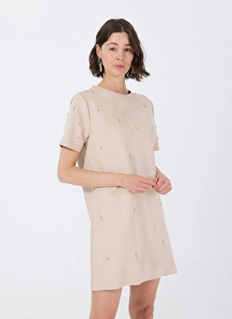 Fabrika Bisiklet Yaka Taşlı Bej Mini Kadın Elbise F5WL-ELB0114