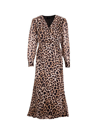 Fabrika V Yaka Desenli Bej - Siyah Mini Kadın Elbise F5WL-ELB0362