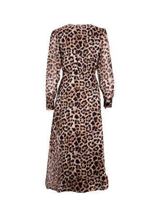 Fabrika V Yaka Desenli Bej - Siyah Mini Kadın Elbise F5WL-ELB0362