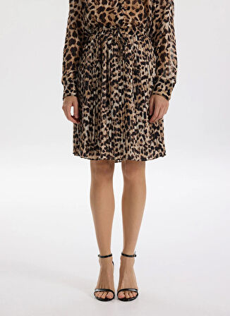 Fabrika Lastikli Bel Bej - Siyah Kadın Desenli Mini Etek F5WL-ETK0361