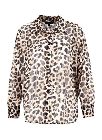 Fabrika Loose Fit Gömlek Yaka Desenli Bej - Siyah Kadın Gömlek F5WL-GML0360