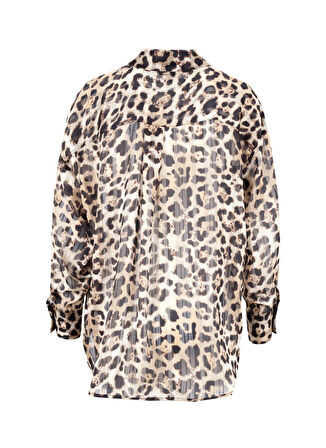 Fabrika Loose Fit Gömlek Yaka Desenli Bej - Siyah Kadın Gömlek F5WL-GML0360