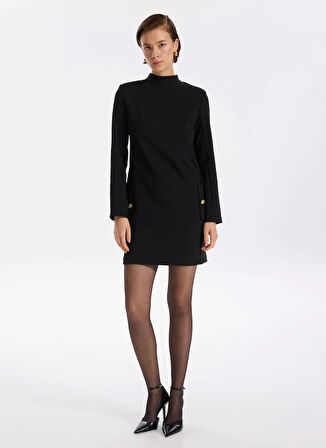 Fabrika Dik Yaka Düz Siyah Mini Kadın Elbise F5WL-ELB0204