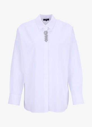 Fabrika Oversize Gömlek Yaka Taşlı Beyaz Kadın Gömlek F5WL-GML0098