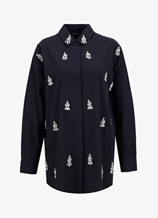 Fabrika Oversize Gömlek Yaka Taşlı Siyah Kadın Gömlek F5WL-GML0101