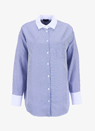 Fabrika Loose Fit Gömlek Yaka Çizgili Lacivert - Beyaz Kadın Gömlek F5WL-GML0389