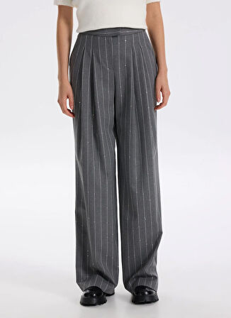 Fabrika Normal Bel Geniş Fit Gri - Beyaz Kadın Pantolon F5WL-PNT0134