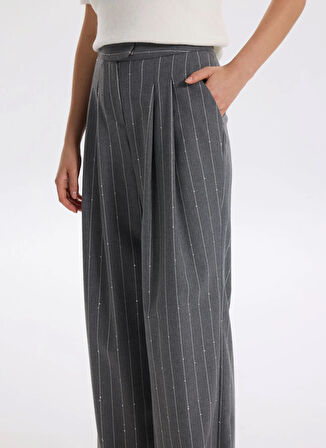 Fabrika Normal Bel Geniş Fit Gri - Beyaz Kadın Pantolon F5WL-PNT0134