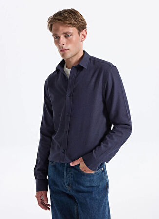 Fabrika Slim Fit Gömlek Yaka Düz Lacivert Melanj Erkek Gömlek F5WM-GML 2574