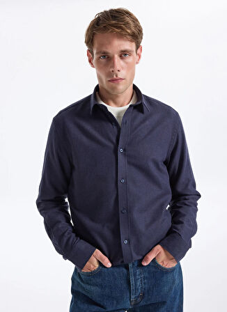 Fabrika Slim Fit Gömlek Yaka Düz Lacivert Melanj Erkek Gömlek F5WM-GML 2574