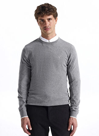 Fabrika Bisiklet Yaka Slim Fit Düz Gri Erkek Kazak F5WM-KZK 2318