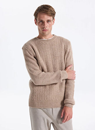 Fabrika Bisiklet Yaka Relaxed Saç Örgü Desenli Vizon Erkek Kazak F5WM-KZK 2322