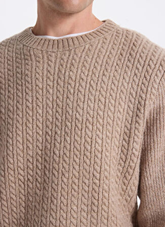 Fabrika Bisiklet Yaka Relaxed Saç Örgü Desenli Vizon Erkek Kazak F5WM-KZK 2322