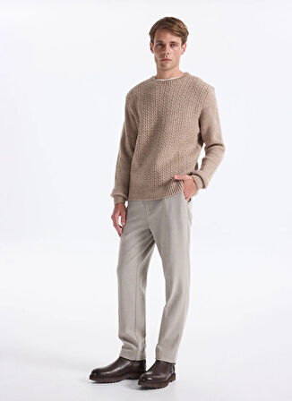 Fabrika Bisiklet Yaka Relaxed Saç Örgü Desenli Vizon Erkek Kazak F5WM-KZK 2322