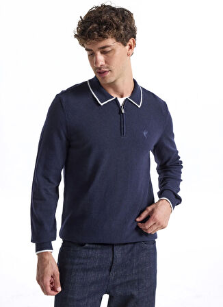 Fabrika Polo Yaka Slim Fit Düz Lacivert Erkek Kazak F5WM-KZK 2319