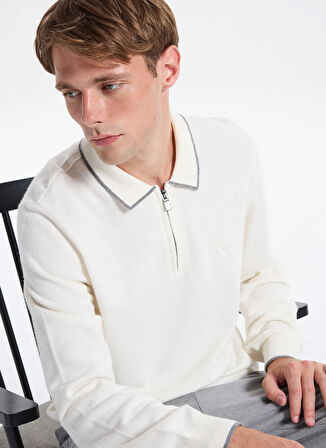 Fabrika Polo Yaka Slim Fit Düz Ekru Erkek Kazak F5WM-KZK 2319