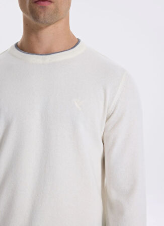 Fabrika Bisiklet Yaka Slim Fit Düz Ekru Erkek Kazak F5WM-KZK 2318