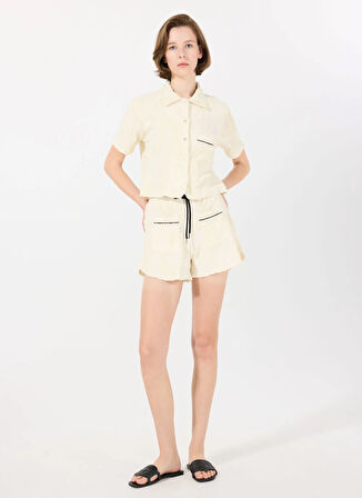 Mr. Mood Yüksek Bel Standart Ekru - Mavi Kadın Şort MRS CANDY SHORT