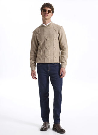 Fabrika Bisiklet Yaka Slim Fit Saç Örgü Desenli Haki Erkek Kazak F5WM-KZK 2314