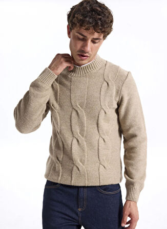 Fabrika Bisiklet Yaka Slim Fit Saç Örgü Desenli Haki Erkek Kazak F5WM-KZK 2314