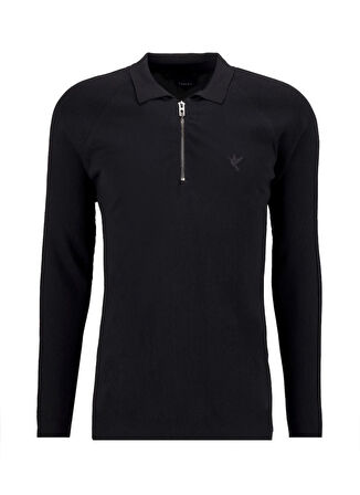 Fabrika Polo Yaka Slim Fit Düz Siyah Erkek Kazak F5WM-KZK 2323