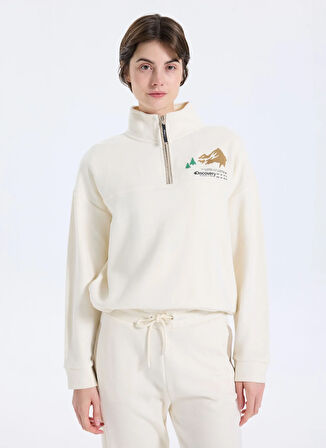 Discovery Expedition D5WL-SWT3595 Krem Dik Yaka Relaxed Baskılı Kadın Sweatshırt