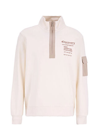 Discovery Expedition D5WM-SWT3830 Krem Dik Yaka Relaxed Baskılı Erkek Sweatshırt