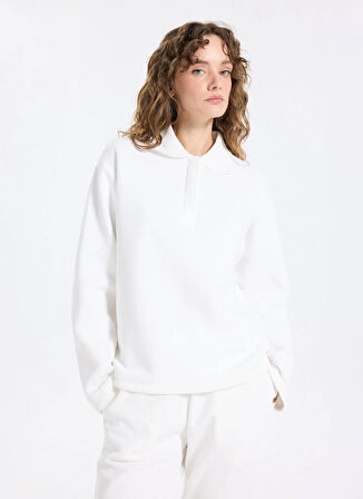 Jeep Polo Yaka Baskılı Ekru Kadın Sweatshırt J5WL-SWT7123