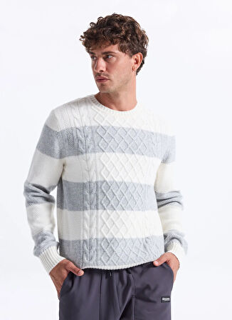 Discovery Expedition D5WM-KZK3767 Ekru-Gri Bisiklet Yaka Relaxed Örgü Desenli Erkek Kazak