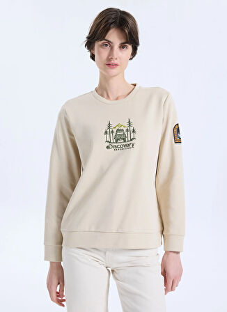 Discovery Expedition D5WL-SWT3612 Bej Bisiklet Yaka Relaxed Nakışlı Kadın Sweatshırt