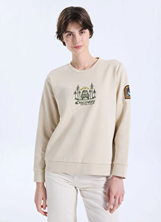 Discovery Expedition D5WL-SWT3612 Bej Bisiklet Yaka Relaxed Nakışlı Kadın Sweatshırt