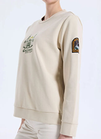 Discovery Expedition D5WL-SWT3612 Bej Bisiklet Yaka Relaxed Nakışlı Kadın Sweatshırt