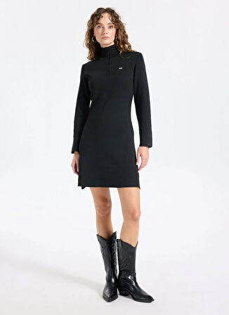 Jeep Dik Yaka Düz Örgü Desenli Siyah Diz Üstü Kadın Elbise J5WL-ELB7078