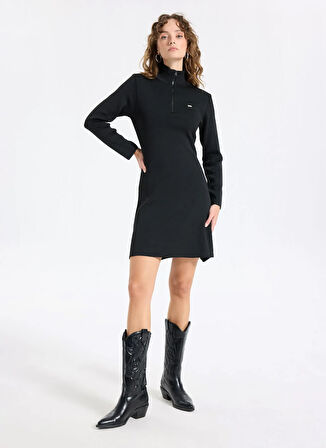 Jeep Dik Yaka Düz Örgü Desenli Siyah Diz Üstü Kadın Elbise J5WL-ELB7078